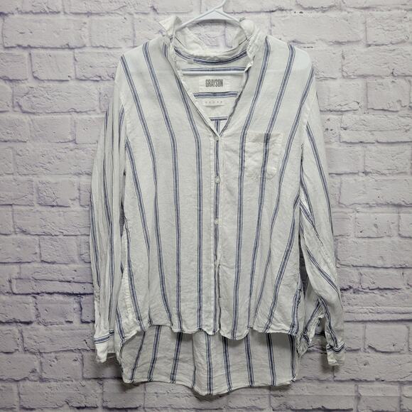 Grayson Hero 100% Linen Striped Button Shirt Women's Size 03 (8-10) Curved Hem - Picture 1 of 8
